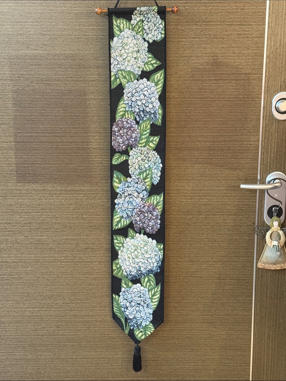 Floreat Black Wall Hanging with Blue, Purple & Green Hydrangeas